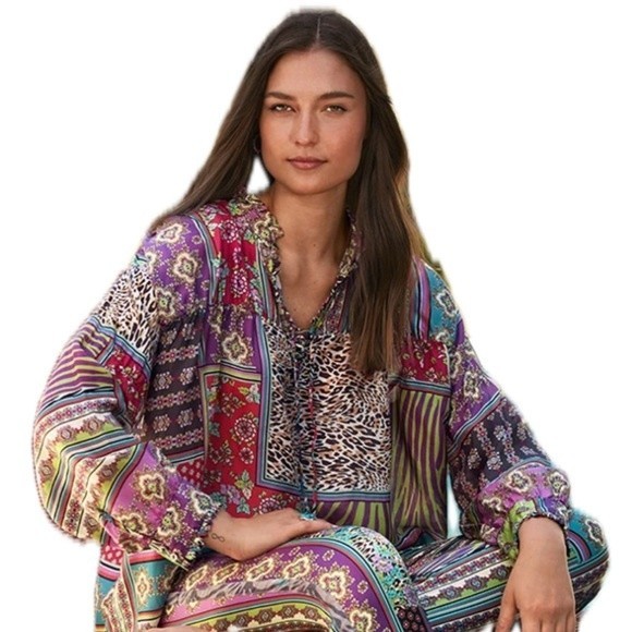 NWT Johnny Was Patch Finn Multicolor V Neck Long Sleeve Silk Blouse Small - Picture 2 of 13